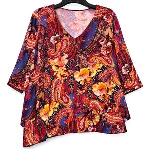 Susan Graver Liquid Knit 3/4 Sleeve Top Size 1X Paisley Floral Asymmetrical Hem